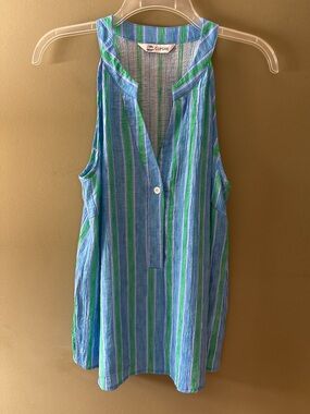 CUPSHE Blue and Green Vertical-Stripe Sleeveless Split Neck Top Size M